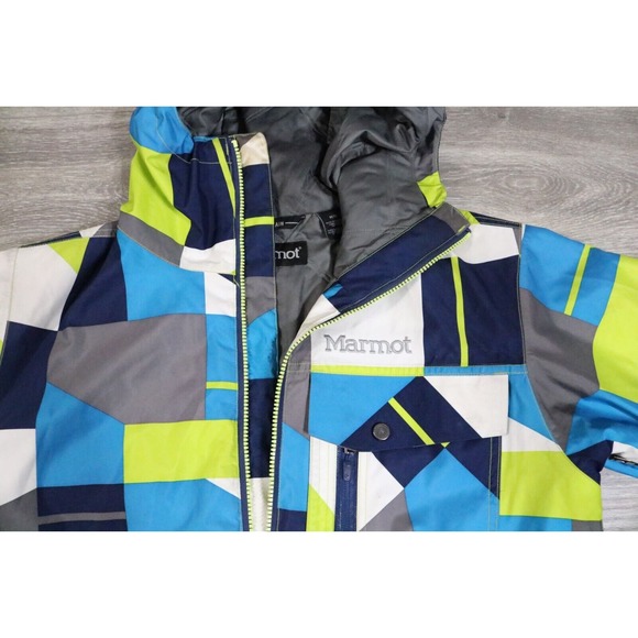 Marmot Jacket Men Medium Abstract Hooded Heavy Winter Snow Sports Ski - Picture 2 of 11